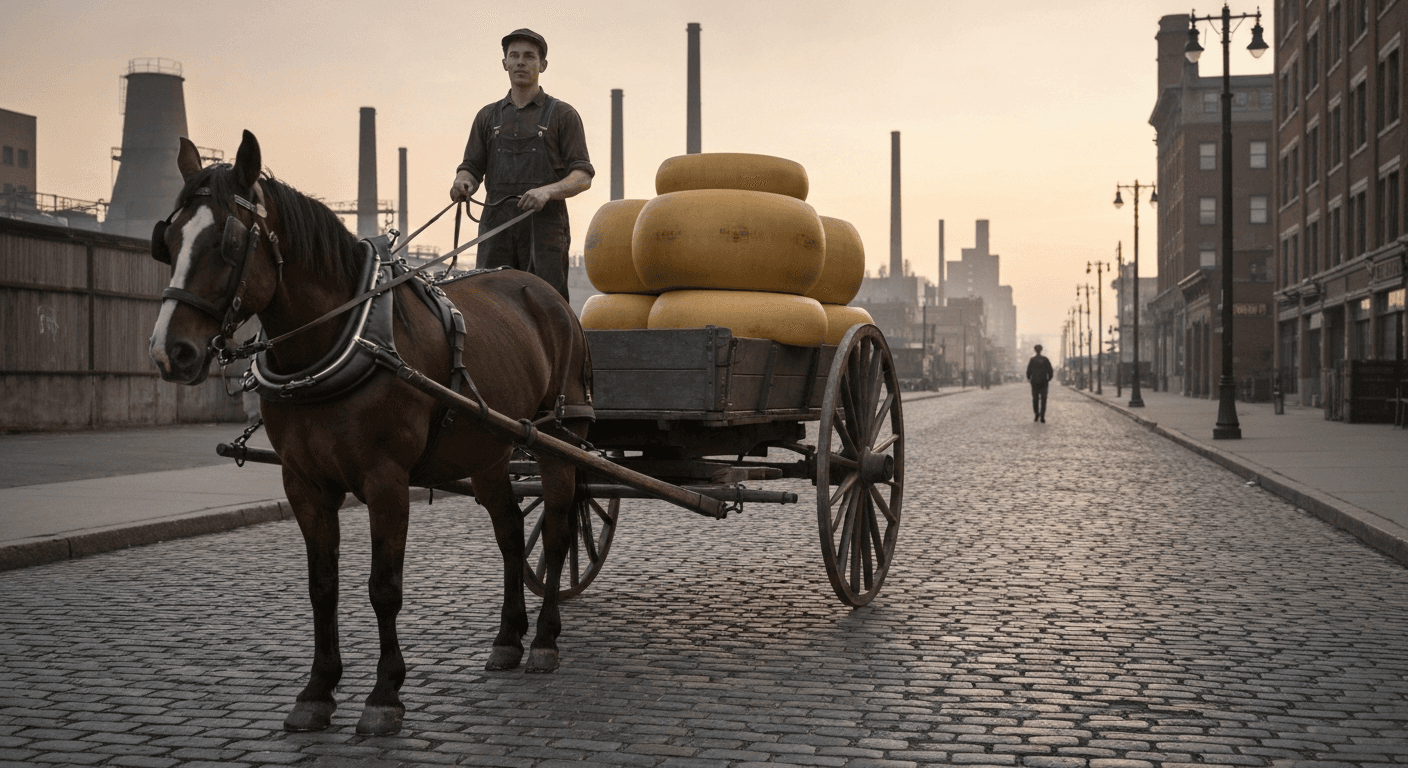 James Kraft testimony faith: Chicago scene shows his horse-drawn cheese wagon. God blessed my business testimony through giving.