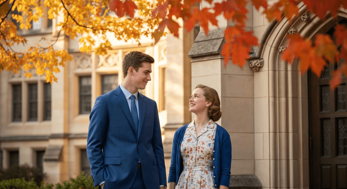1950s Wheaton: Elisabeth and Jim Elliot courtship photo. Christian relationship patience tested faith in God's timing. Chicago, IL.