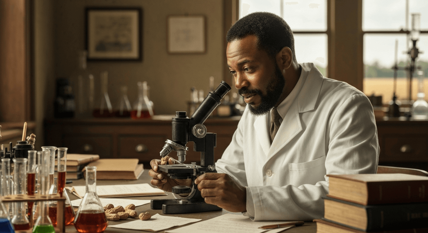George Washington Carver in Tuskegee lab; A Christian scientist testimony revealing god guidance in science breakthroughs.