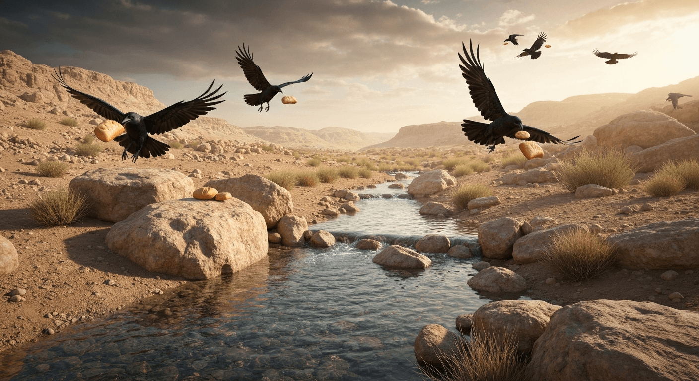 Documentary scene: Elijah fed by ravens testimony shows biblical provision during drought. God's faithfulness in desperate times shown.