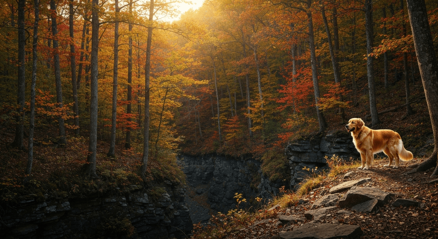 Stray dog arriving to rescue injured hiker in forest ravine, miraculous divine intervention through animals