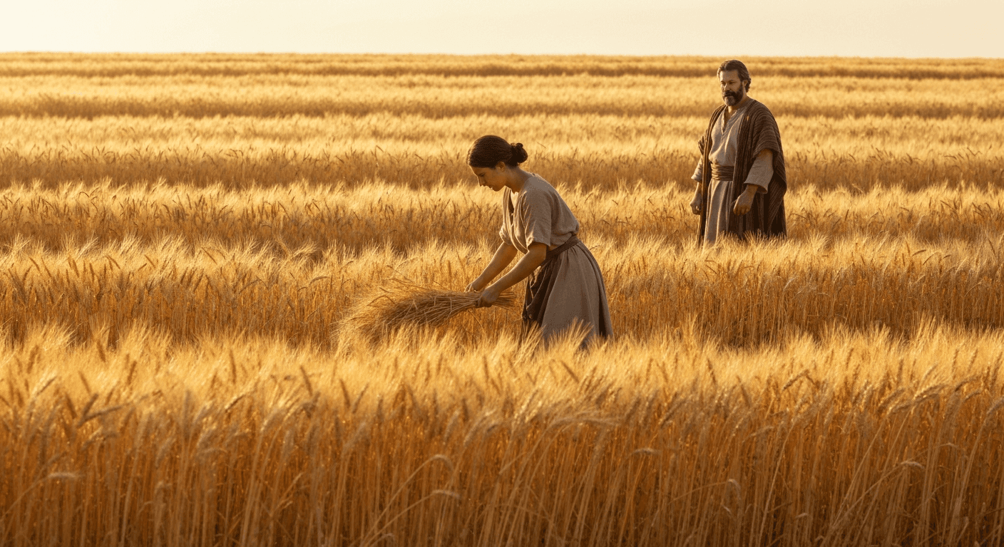 Ruth gleaning near Bethlehem: A biblical love redemption story. God provides husband testimony; widows faith rewarded story.