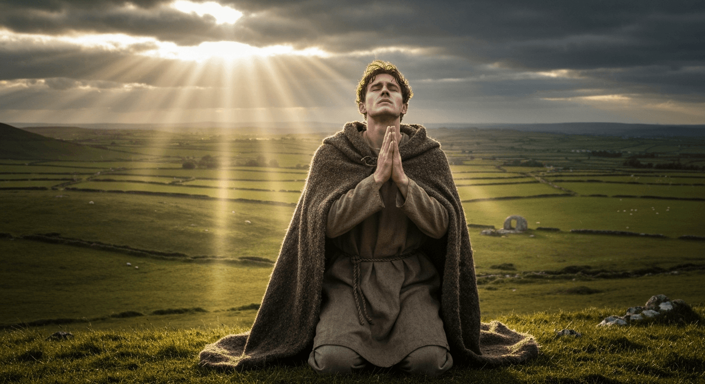 Saint Patrick testimony Ireland: Monk kneels in prayer after God speaks through dreams. Northern Ireland. Slavery to missionary calling story.