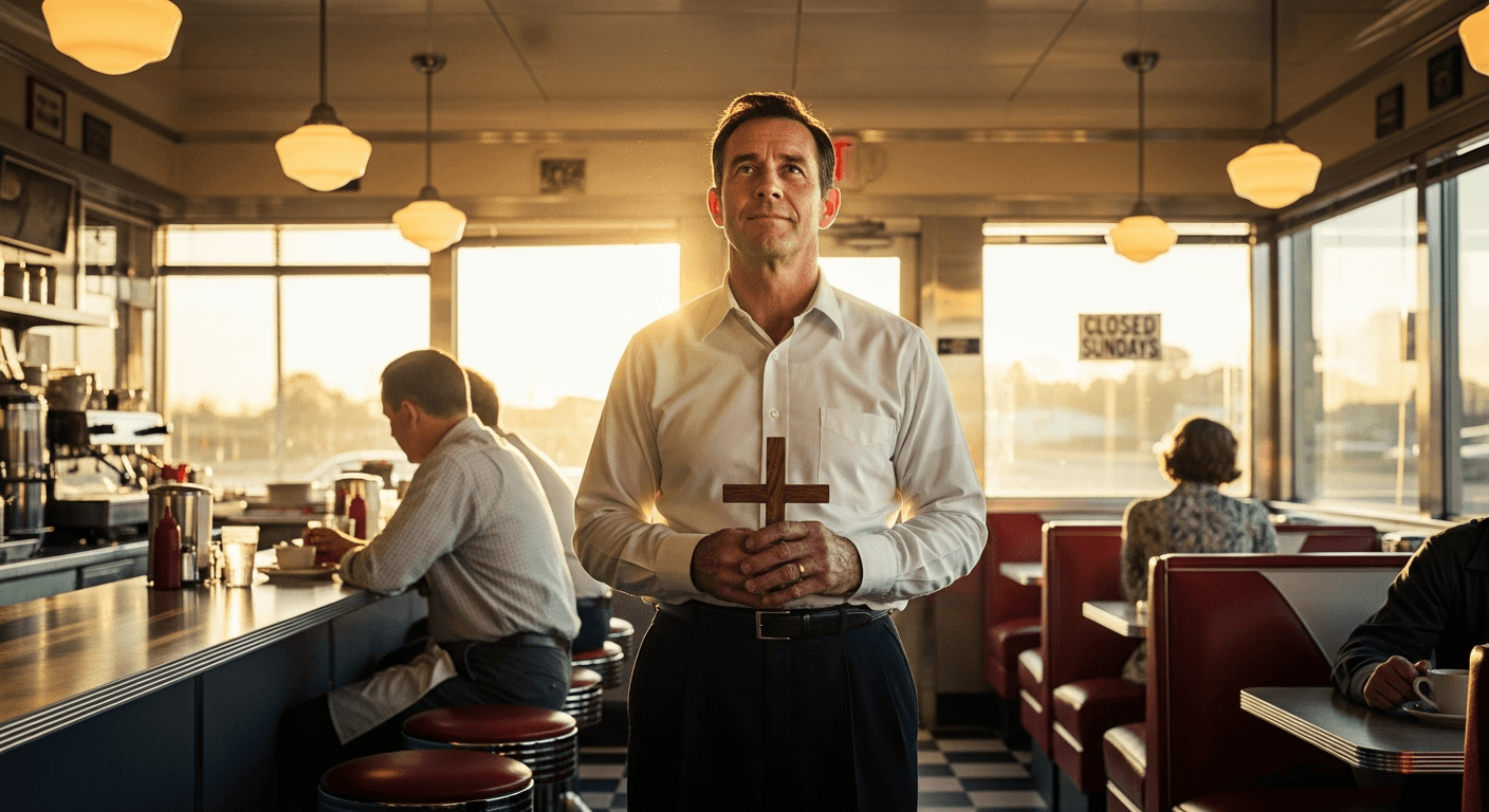 Business founder Truett Cathy in modern office setting sharing christian business owner testimony about Chick fil A biblical principles