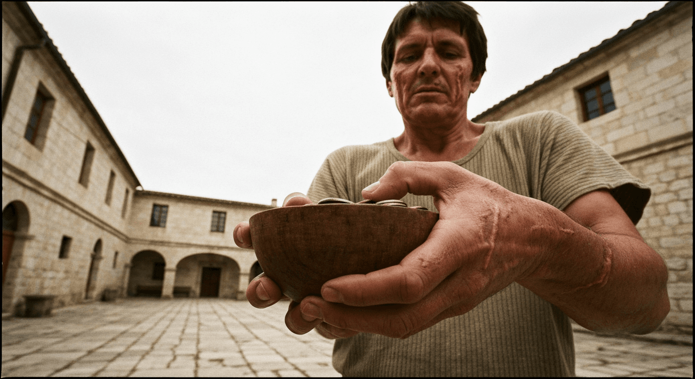 Historical reenactment: "Saint Lawrence martyrdom testimony," Rome. The Christian deacon gave everything away, declaring poor as true treasure.