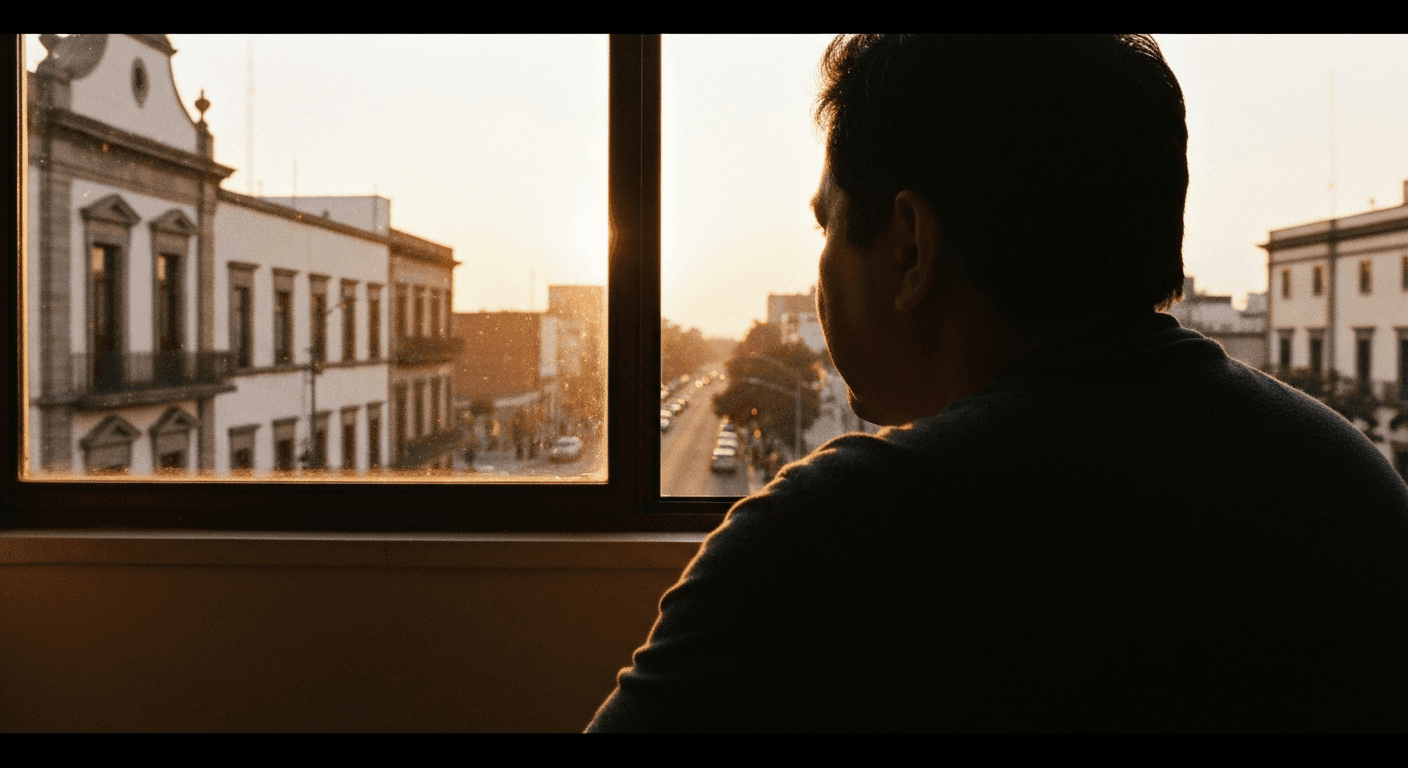 Mexican wrestler testimony image. Modern day, man surrounded by smiling children in Mexico City.