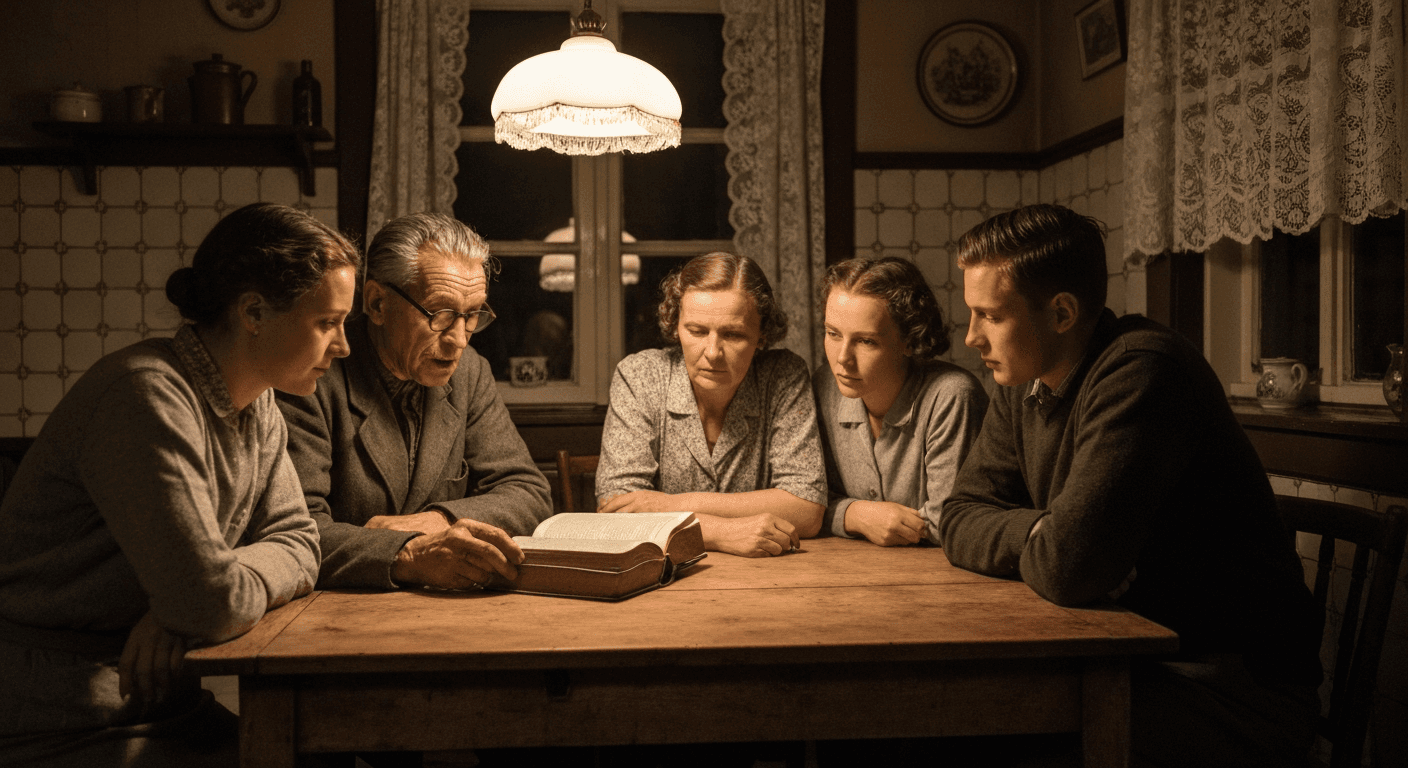 Elderly Dutch watchmaker Casper ten Boom reads Bible to family in 1940s Haarlem home that became the famous Hiding Place story sanctuary
