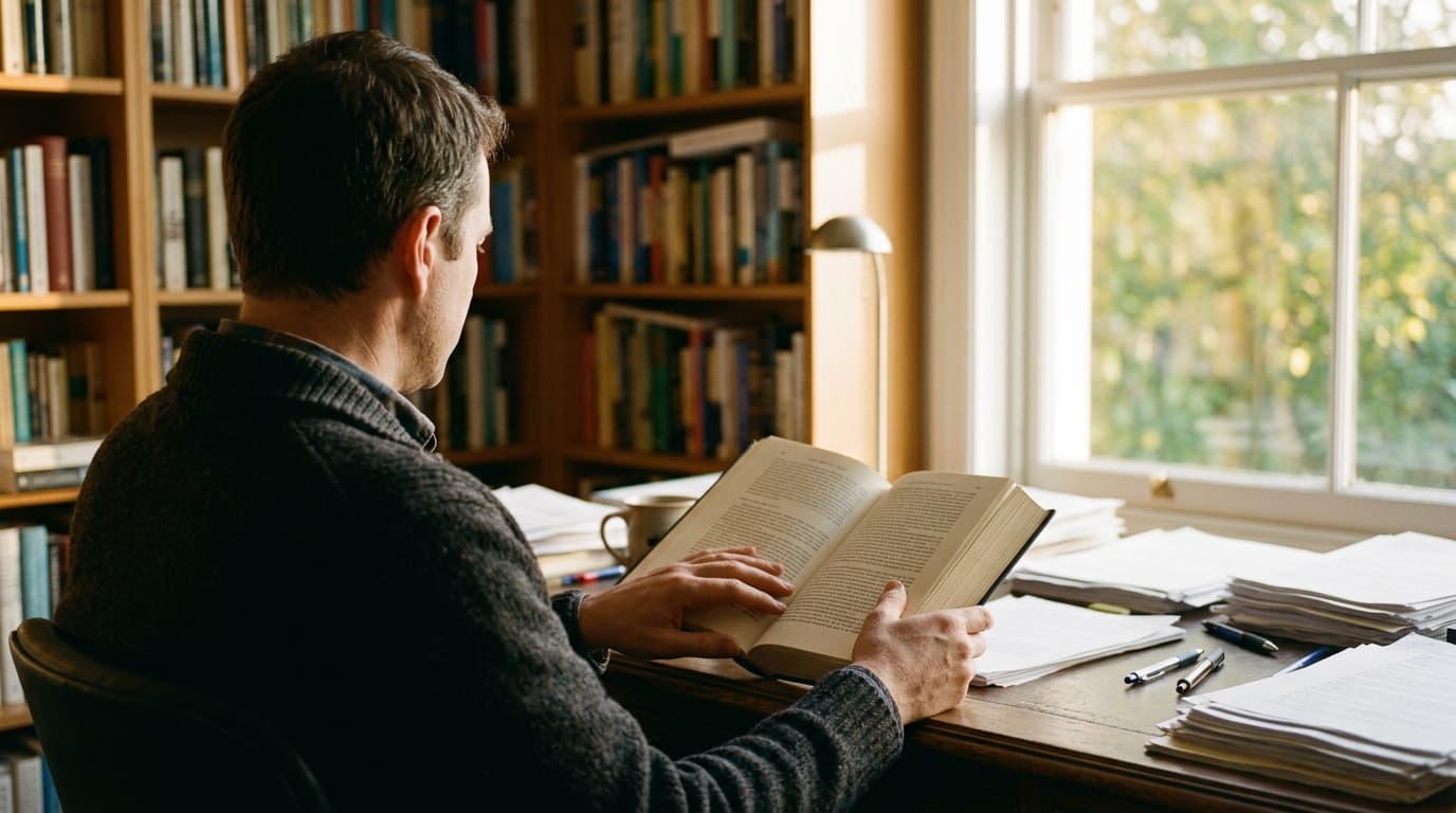 Modern American philosopher Larry Sanger sitting with an open Bible reflecting on his Larry Sanger testimony after he found faith through scripture.