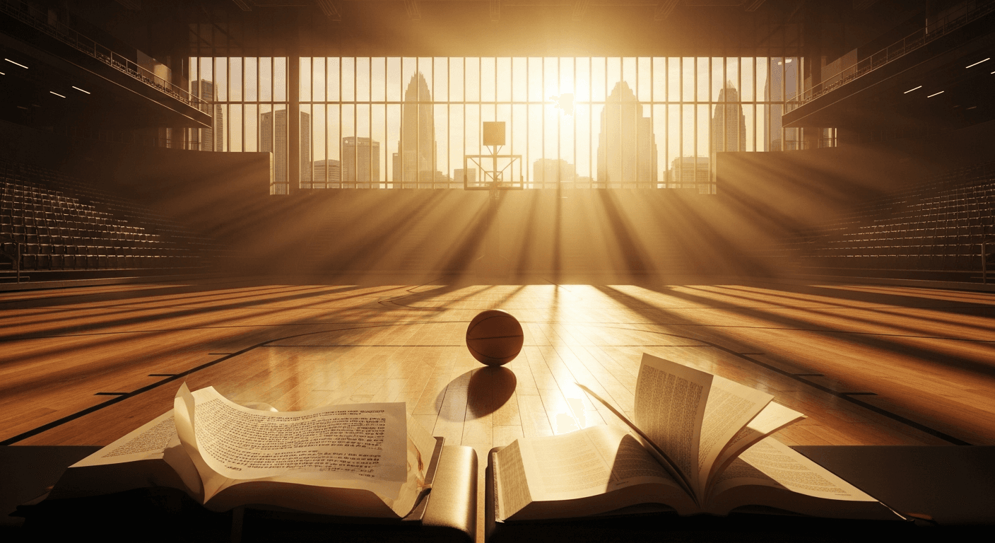 Basketball court with dramatic lighting showcasing Stephen Curry Christian testimony of NBA player faith in Jesus overcoming injuries through ...