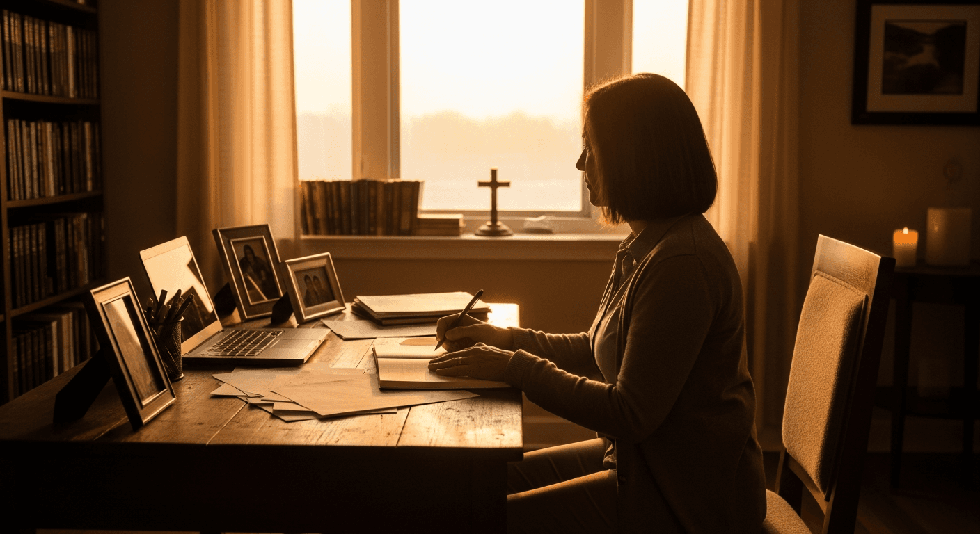 Christian woman sharing testimony of hope after suicide loss in modern church setting helping families through faith-based mental health ministry