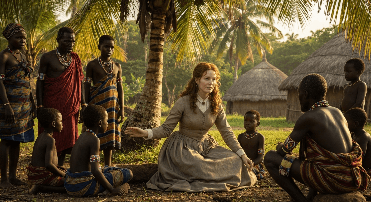 Scottish missionary Mary Slessor teaching Nigerian children in Calabar village showing woman missionary Africa testimony of God's protection