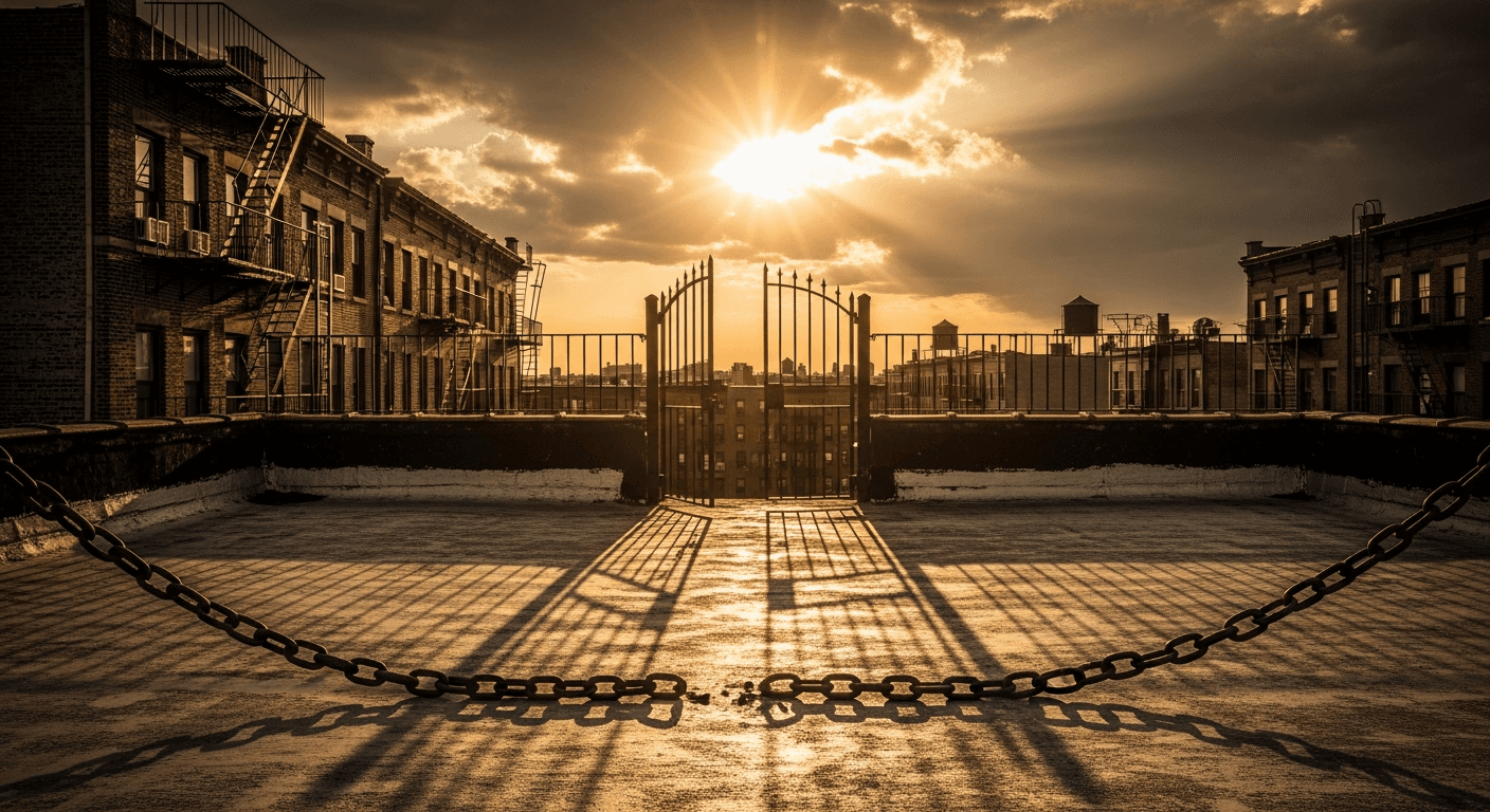 Dark Brooklyn street corner with bright cross light breaking through shadows symbolizing gang member finds jesus salvation story