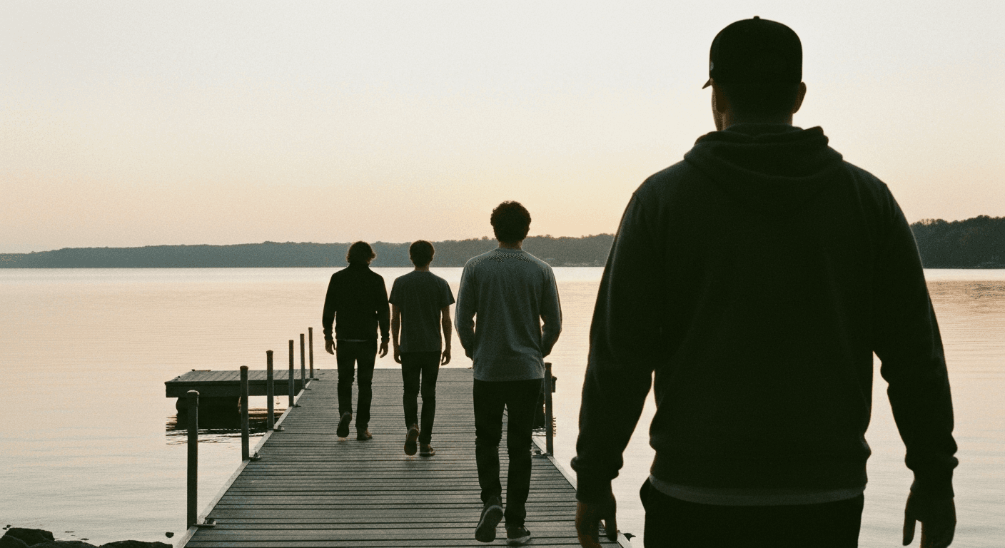 Three smiling Christian triplets, modern young Christian testimony for Gen Z, stand lakeside in North Carolina sharing their viral faith story. ...