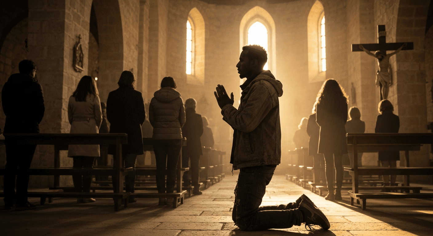 Eritrean refugee testimonial photo showing God protection Mediterranean crossing with Jesus saved from drowning story in modern Sicily Italy