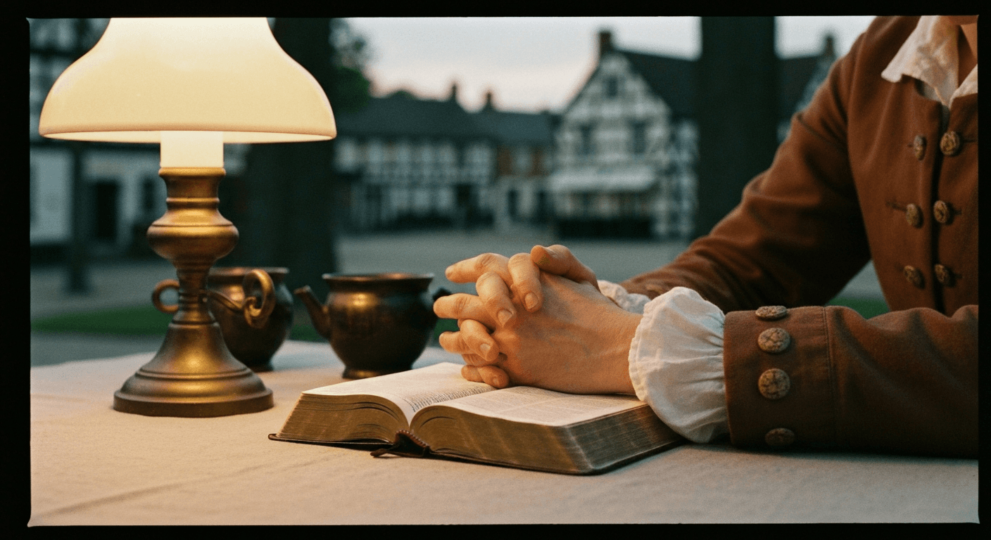 18th-century Epworth: Susanna Wesley mother kneels in prayer, exemplifying prayer discipline parenting while raising children faith.
