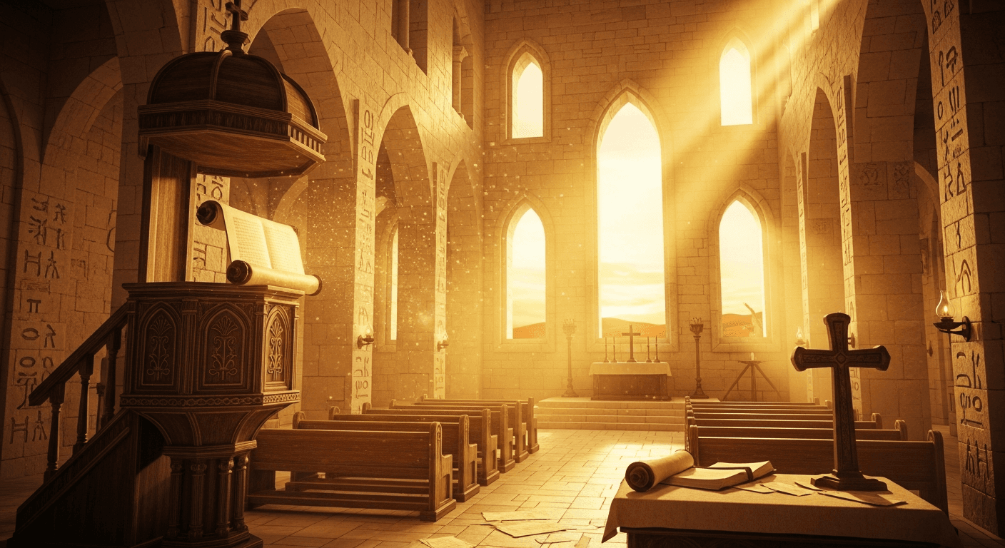 Ancient Egyptian desert monastery with open scripture scroll illuminated by divine light representing Anthony of Egypt testimony and God speaking ...