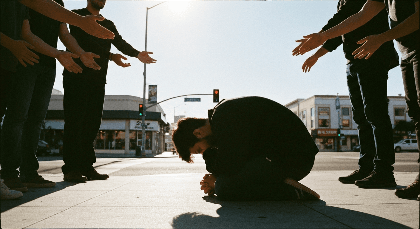 LA street evangelism testimony: Man prays with BSSM students. Strangers saved in Los Angeles outreach.