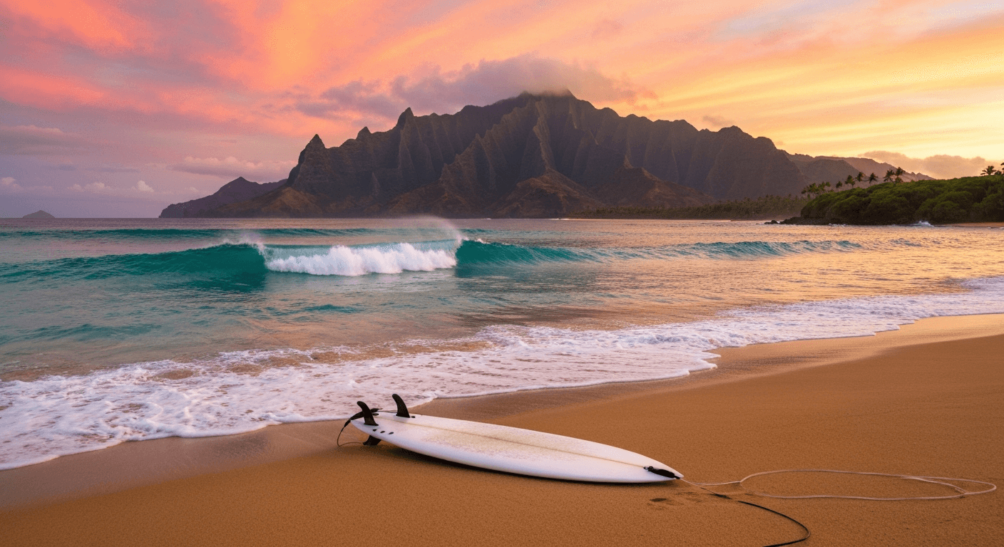 Tunnels Beach Kauai: Bethany Hamilton's faith after losing limb. Christian surfer overcome adversity in Hawaii surf.