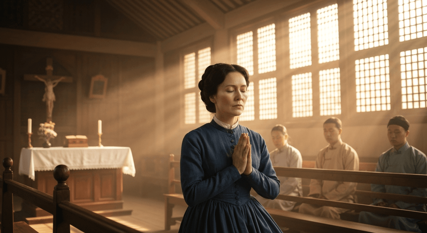 Historical scene of Lottie Moon missionary testimony showing skeptic converted to christian at revival meeting in China