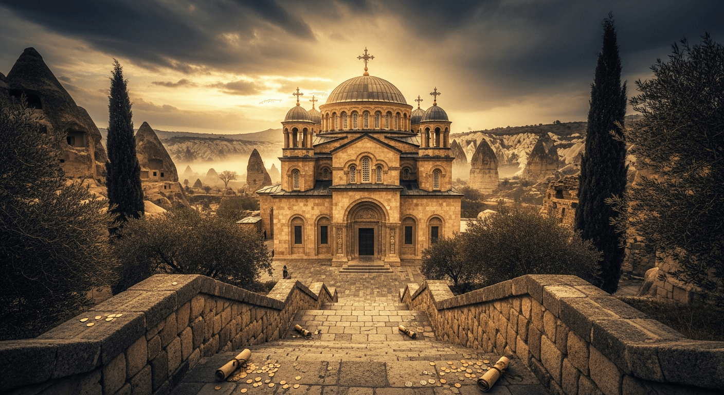 Ancient Byzantine cross overlooking Cappadocia landscape symbolizing Basil the Great conversion story and awakening from spiritual sleep