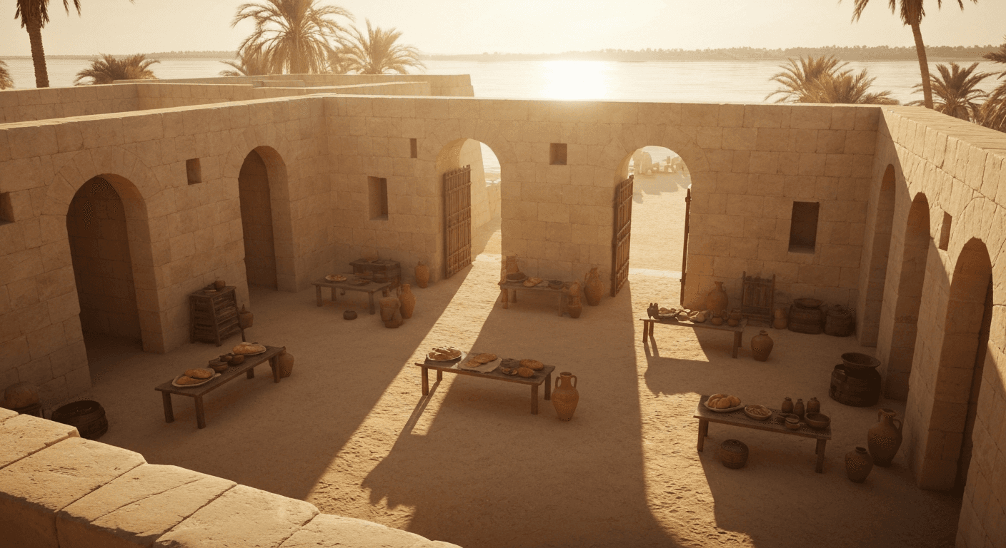 Thebaid courtyard scene. Soldier converted to Christianity after Christian kindness testimony, 312 AD, Egypt. Pachomius' salvation.