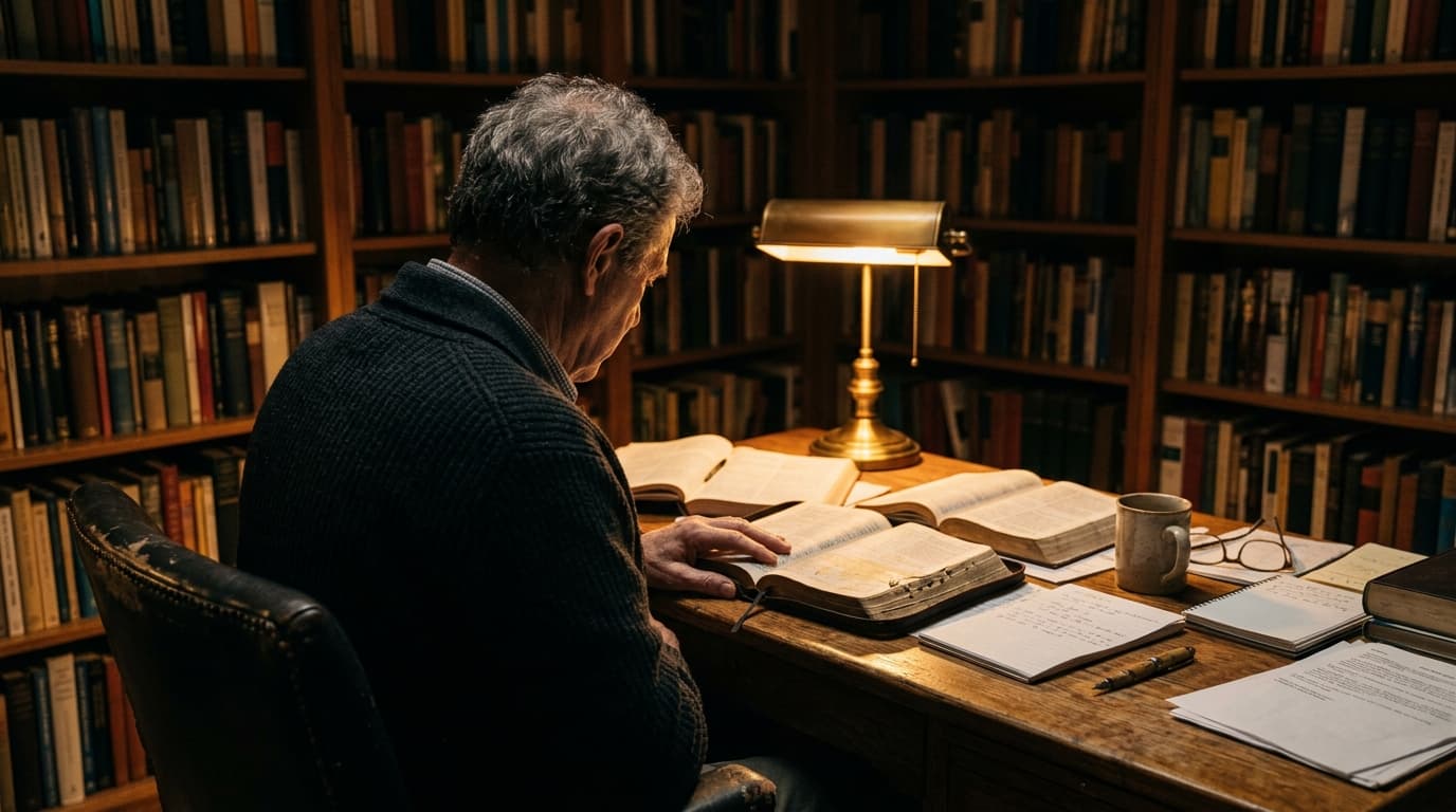 An older man studies a Bible by lamplight, illustrating TV presenter David Harper coming to faith in Jesus.