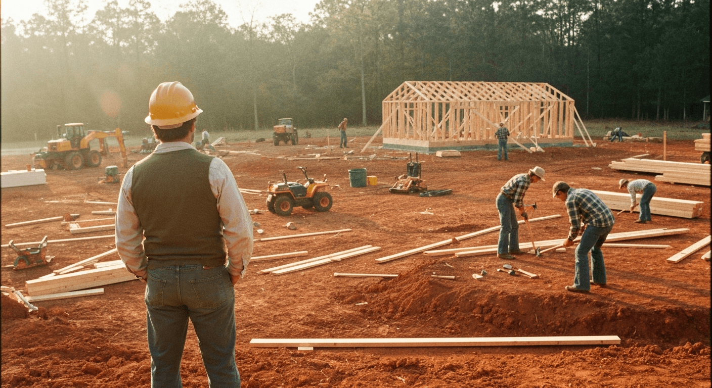 Millard Fuller speaking at Habitat for Humanity house building site with volunteers in Americus Georgia demonstrating radical generosity