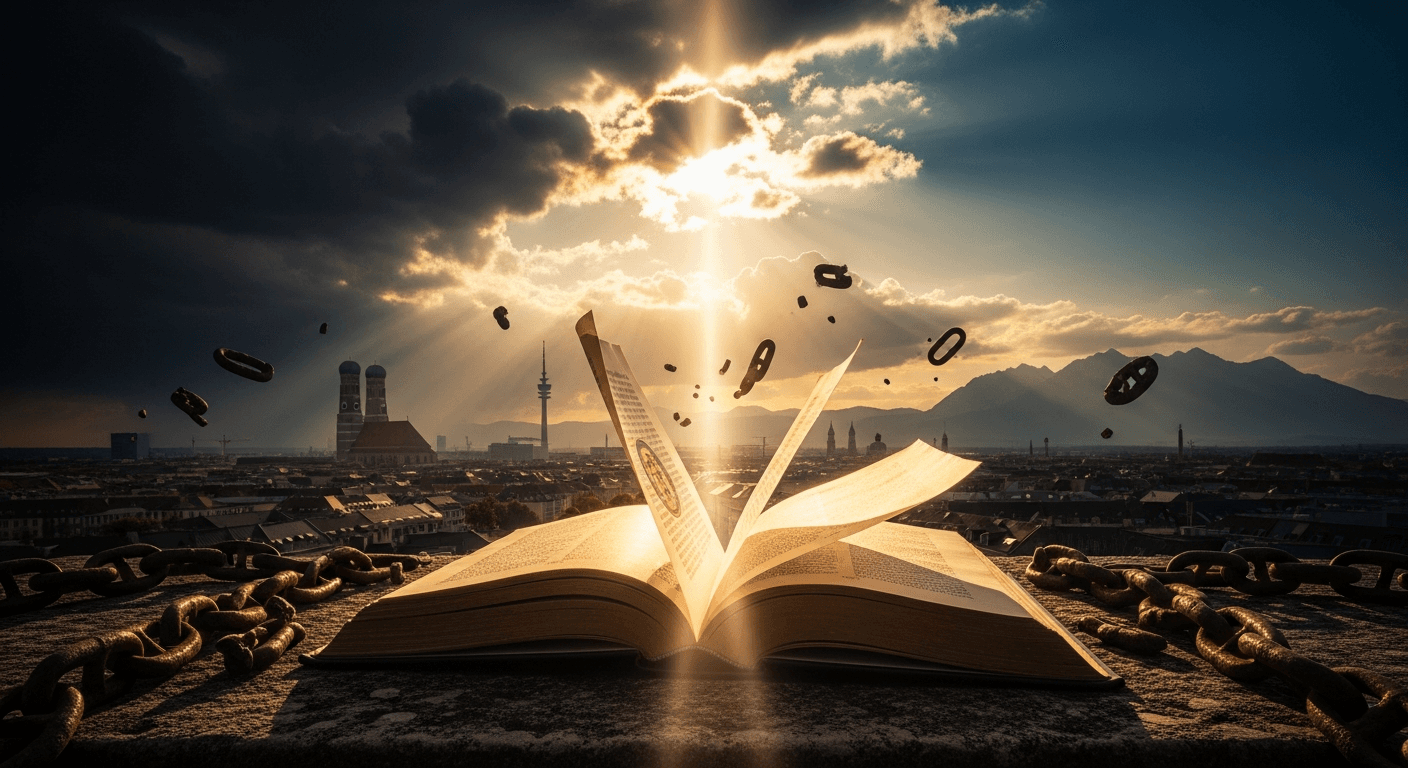 Open Bible, German flag, Tehran skyline: Iranian Muslim converts Christianity, refugee finds faith Jesus in Munich after fleeing persecution.