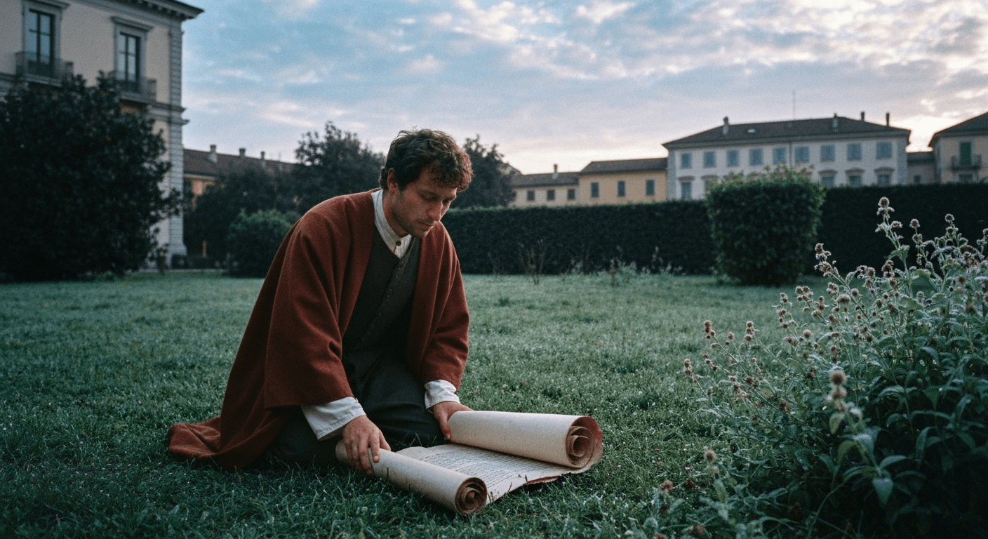 Milan garden scene: Augustine's conversion testimony Milan. Heard God speak through scripture; restless heart finding God.