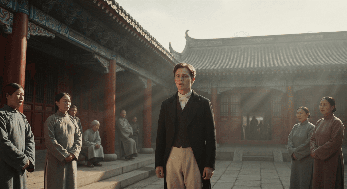 Victorian era cricket player CT Studd in period clothing surrounded by Chinese villagers in Ningbo as athlete became missionary testimony