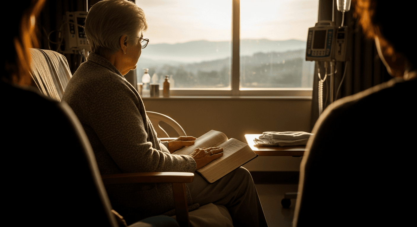 Elderly woman discovering faith at 72 in modern Asheville North Carolina home after health crisis leads to late in life conversion testimony