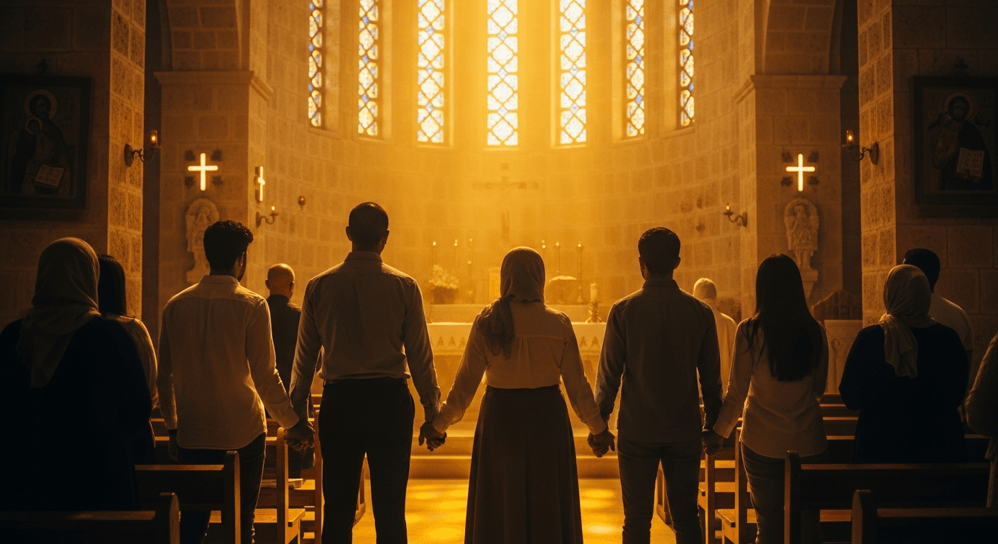 Coptic family praying together in modern Egyptian home showing christian persecution testimony egypt and faith through persecution
