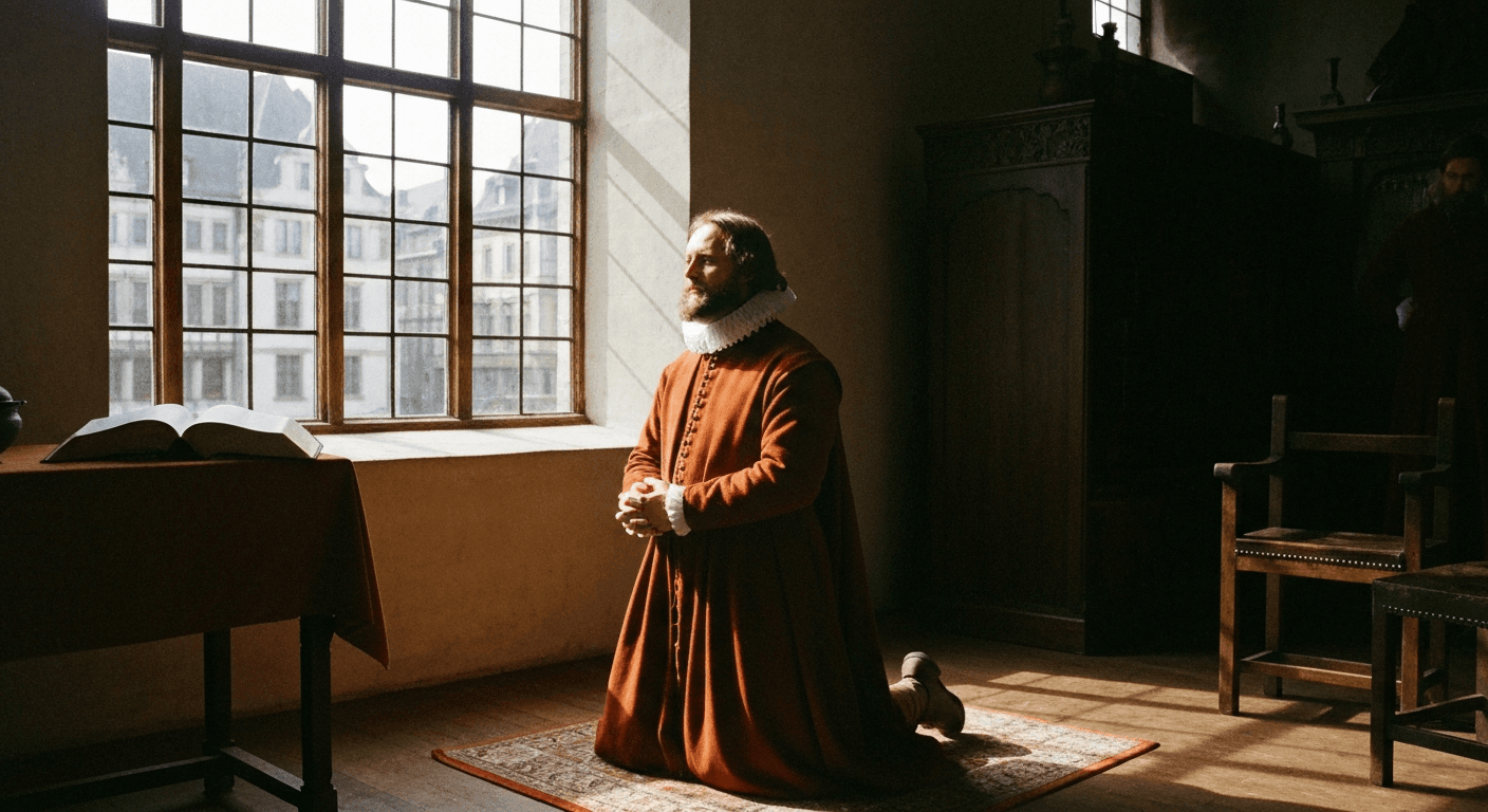 16th-century illustration: John Calvin conversion testimony in Geneva. Sudden conversion to Protestantism ignited his Reformation leader journey.