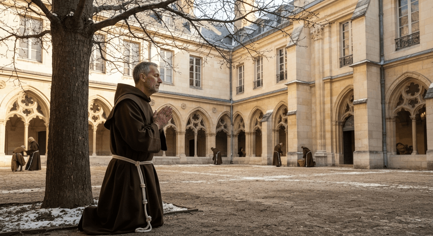 17th-century monk Brother Lawrence in a Paris monastery kitchen, his work a "practicing presence of god testimony" after his spiritual awakening.