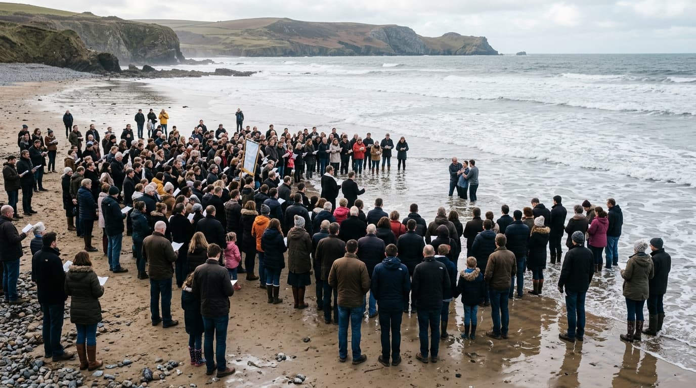 A crowd gathers on a Devon beach for an open-air baptism, illustrating 170 people baptised across the UK.