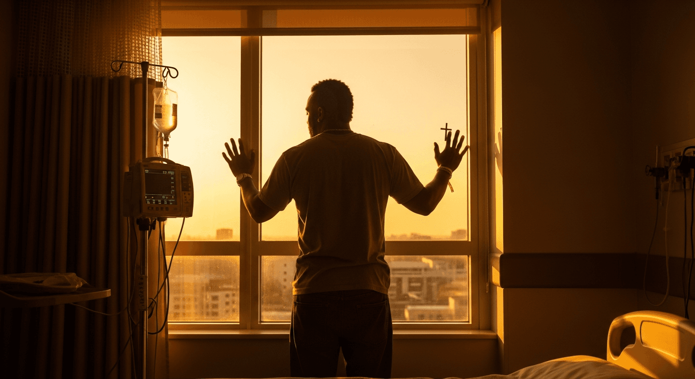 Actor Mr T sharing his Christian testimony about God's healing from t-cell lymphoma cancer in modern Chicago church setting