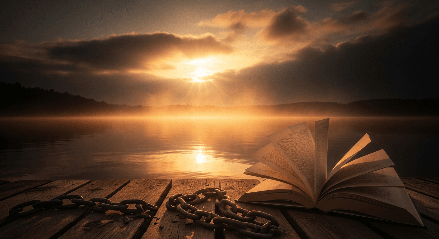 Broken chains falling away in golden light symbolizing Christian testimony abuse survivor finding Jesus heals psychological wounds through prayer