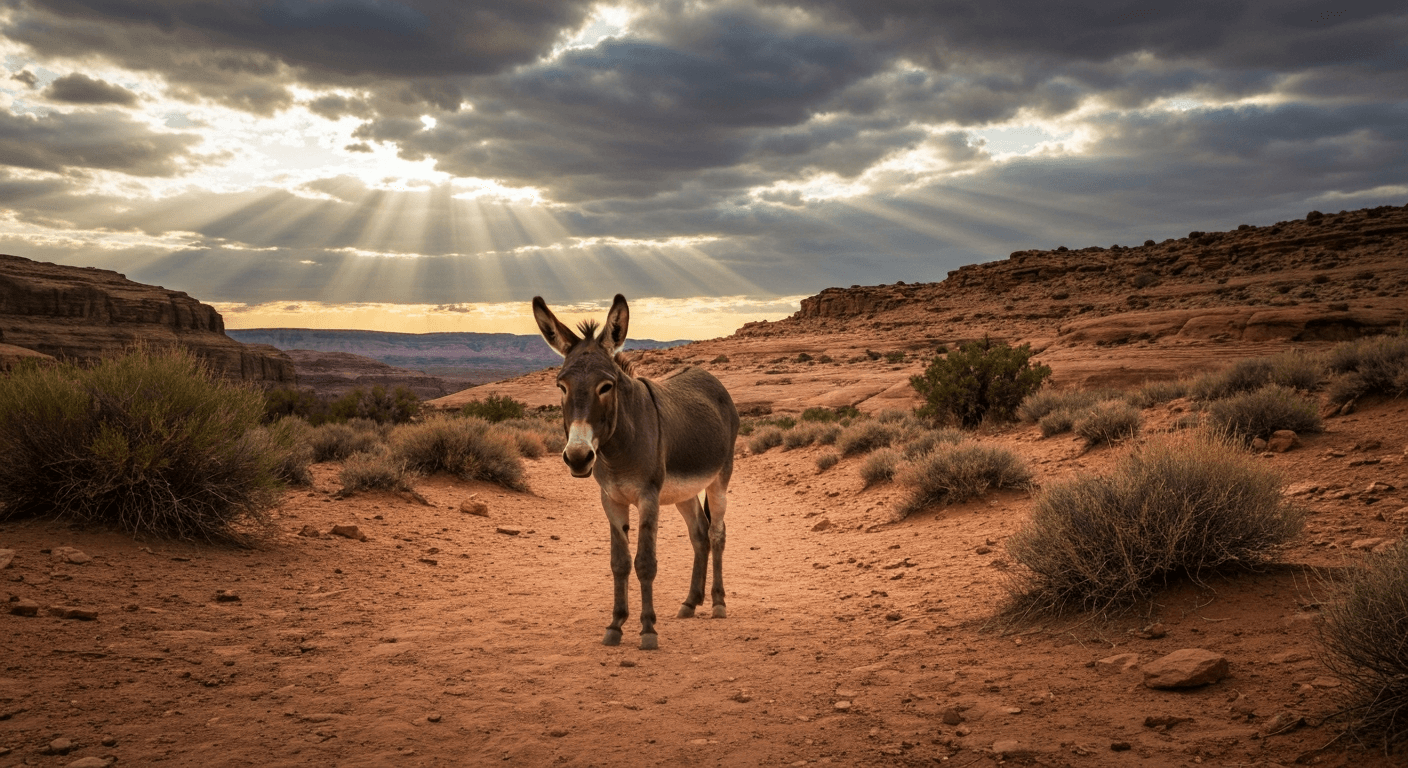 Moab: Balaam's donkey on path. A "biblical account talking donkey" shows "humble creatures see truth" when God intervenes.