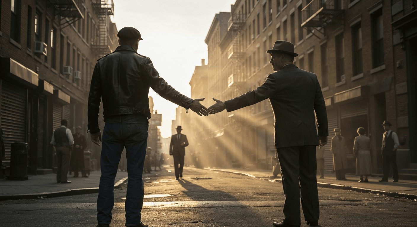 Former New York gang leader Nicky Cruz transformation story showing 1950s street scene with violent person changed by God through faith