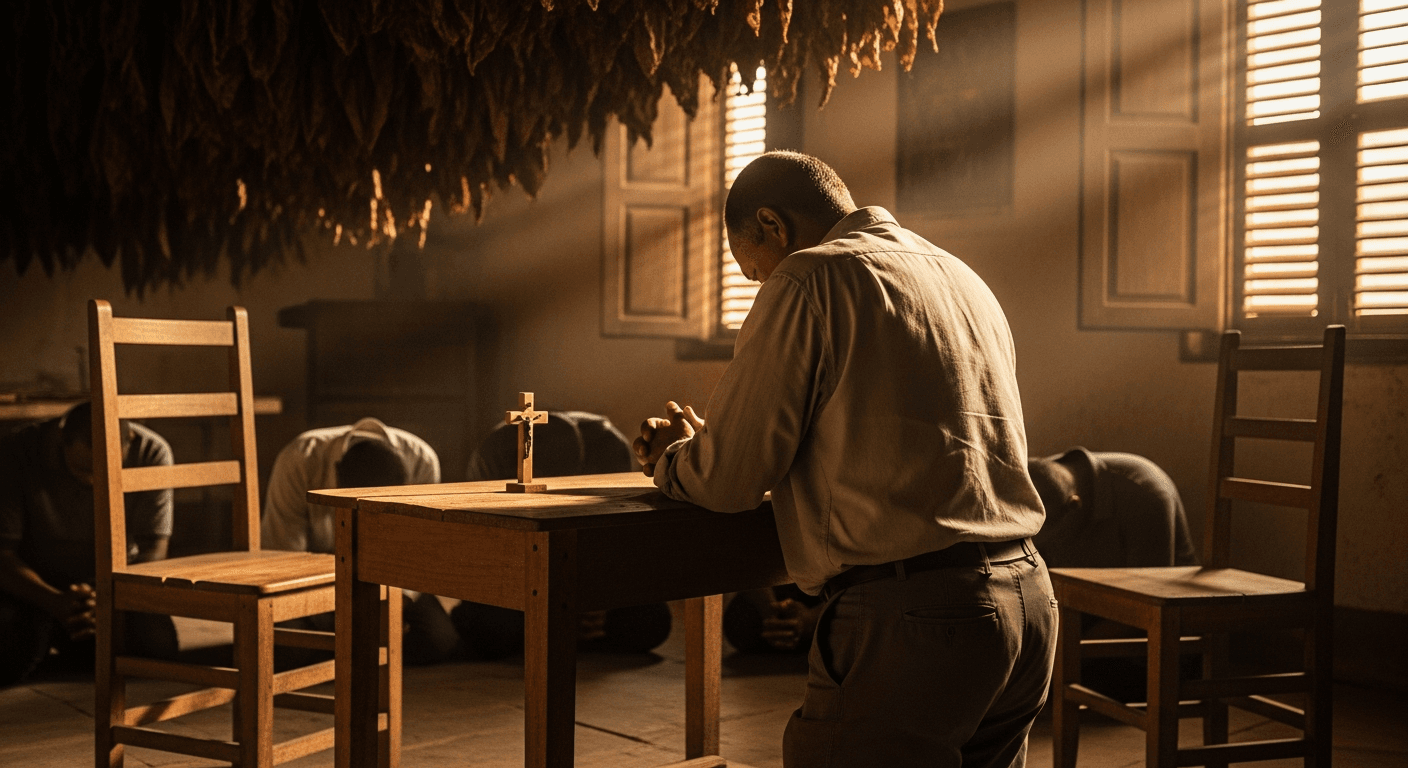 Cuban tobacco farmer praying in field during communist persecution showing christian testimony from cuba and faith under hardship