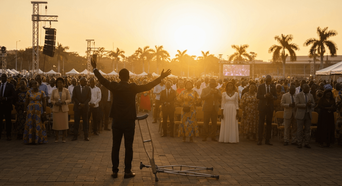 Accra Ghana: Witnessing a stunning healing testimony! Crutches discarded at the NSPPD prayer conference; Pastor Jerry Eze miracle healing visible.