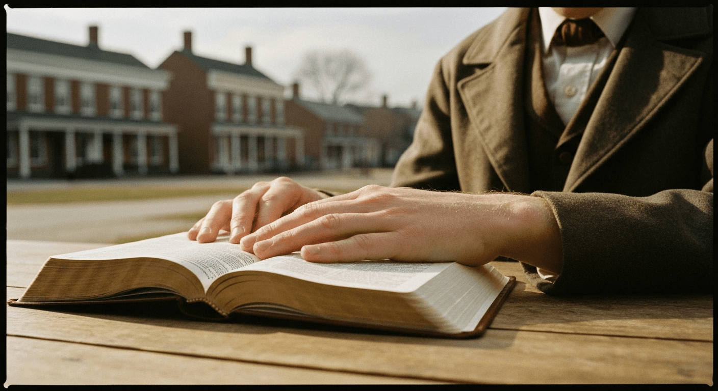 Historical image of Hudson Taylor missionary calling testimony, standing in Brighton, England. Depicts overcoming doubt finding faith.