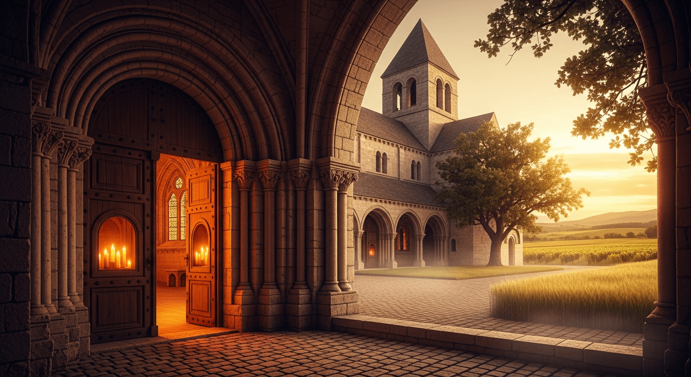 Ancient monastery courtyard with stone arches and cross, representing Bernard of Clairvaux testimony of nobleman becomes monk in medieval France