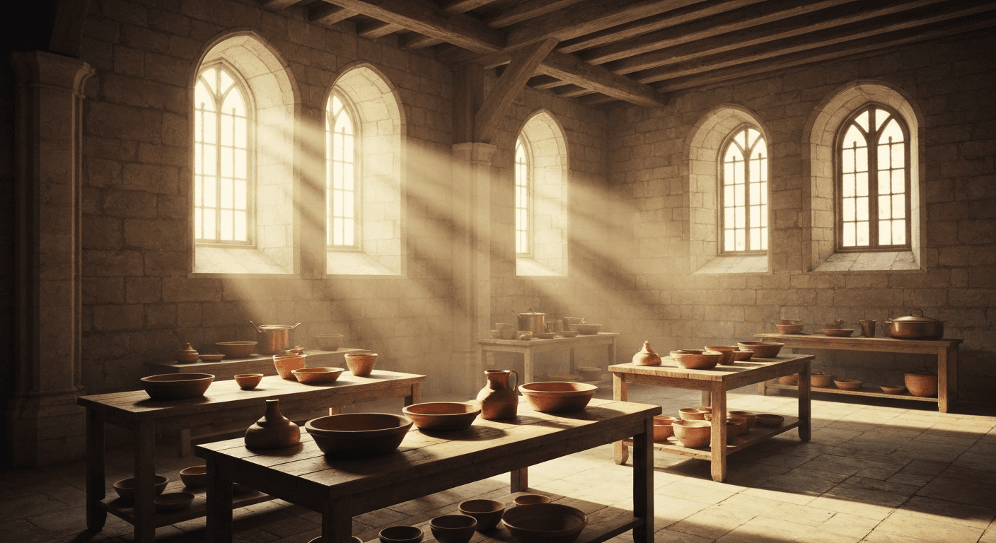 Sunlit Paris kitchen shows god's presence in ordinary tasks. Brother Lawrence testimony hints at monastic life.
