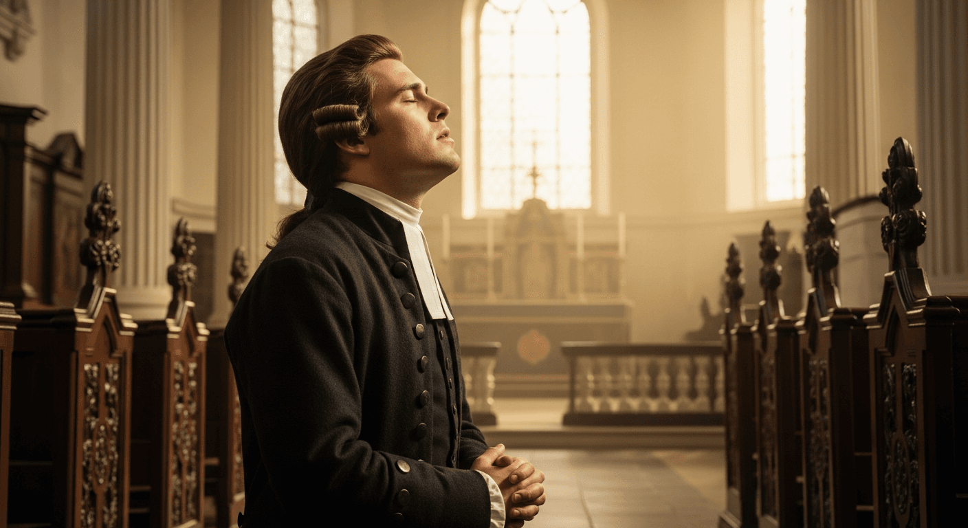 Young Oxford student George Whitefield kneeling in prayer during spiritual breakthrough that led to his great awakening preacher conversion in ...