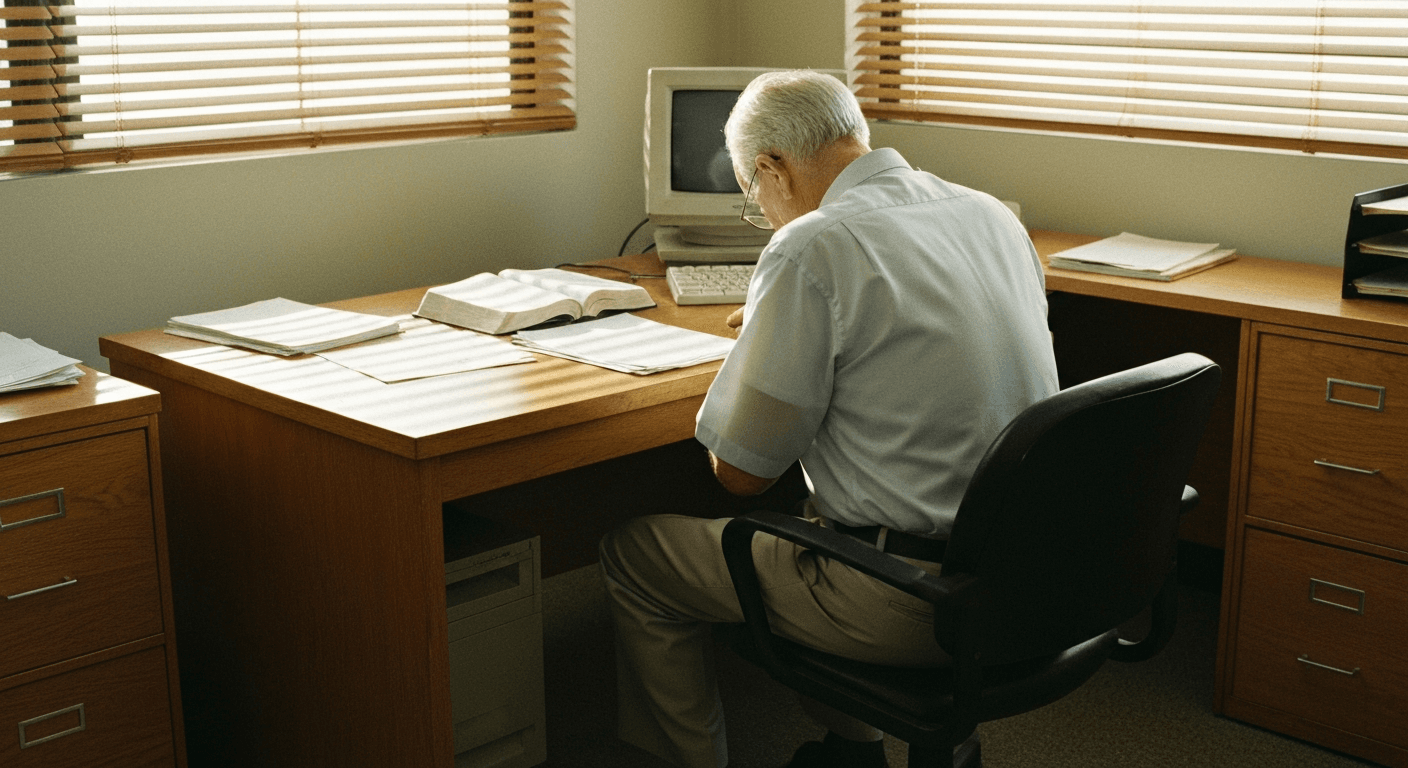Elderly Bill Bright praying during forty day fast in 1990s Orlando office launching Campus Crusade spiritual awakening movement for America