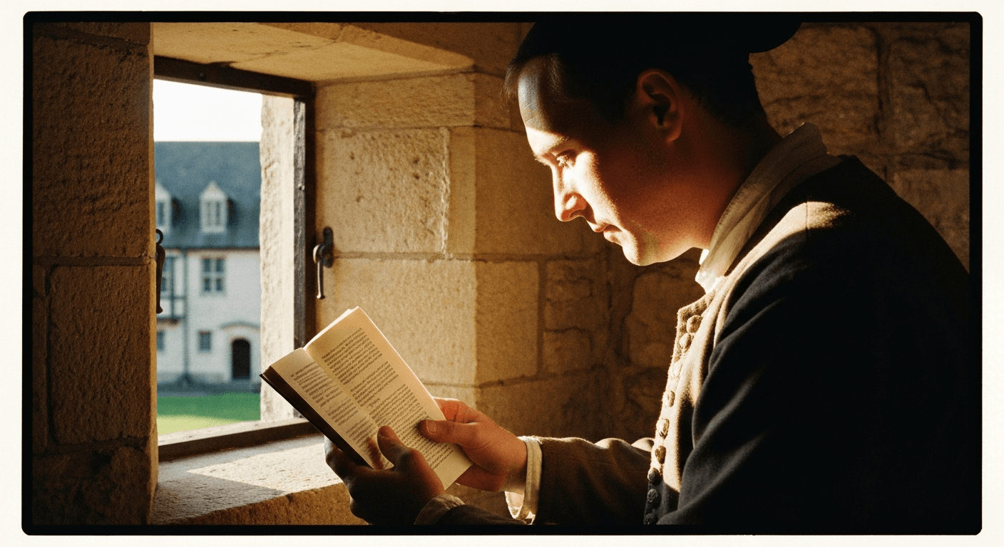 John Bunyan's Bedford prison cell. A historical illustration depicting the powerful testimony of faith in prison and finding God in difficult circu...