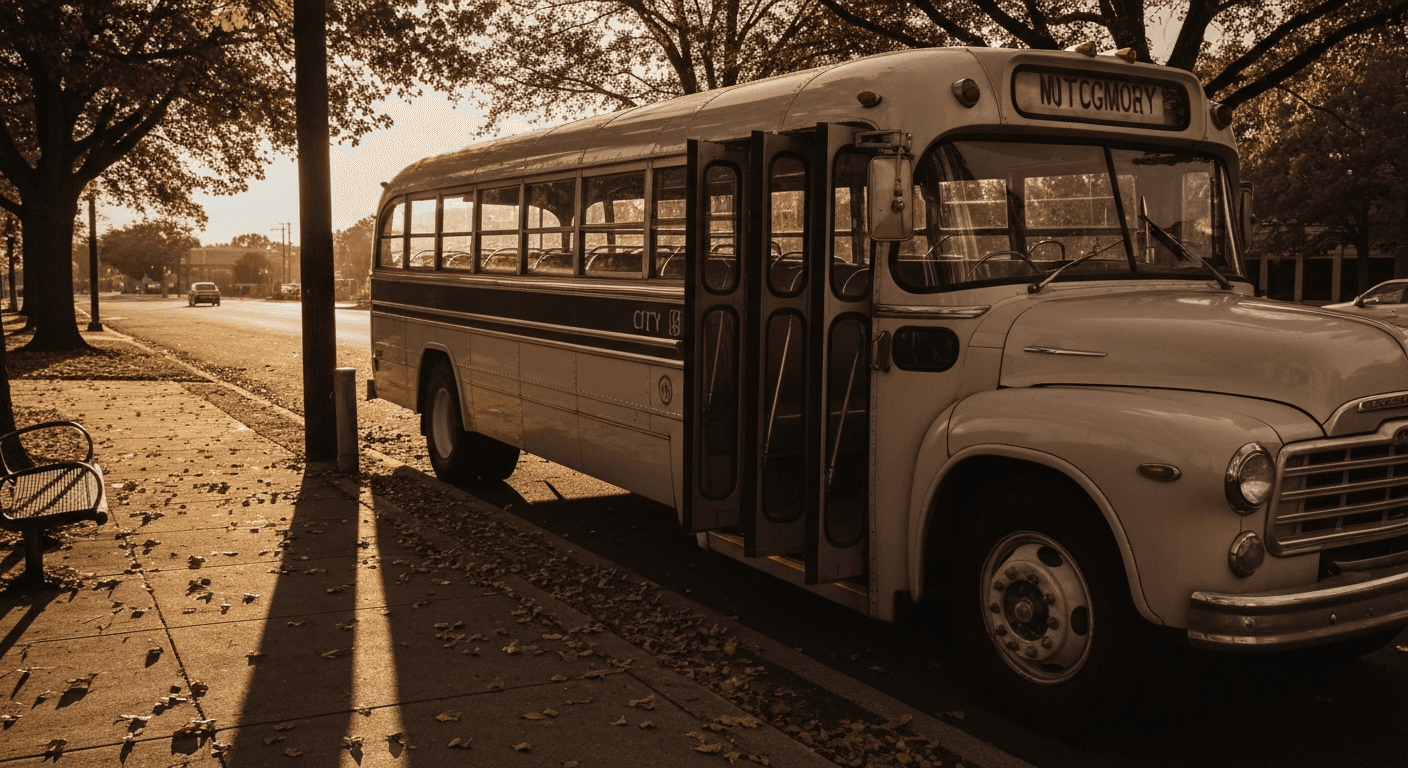 1955 Montgomery bus scene. Evokes Rosa Parks' Christian testimony racial justice. God gave courage civil rights here. Documentary style.
