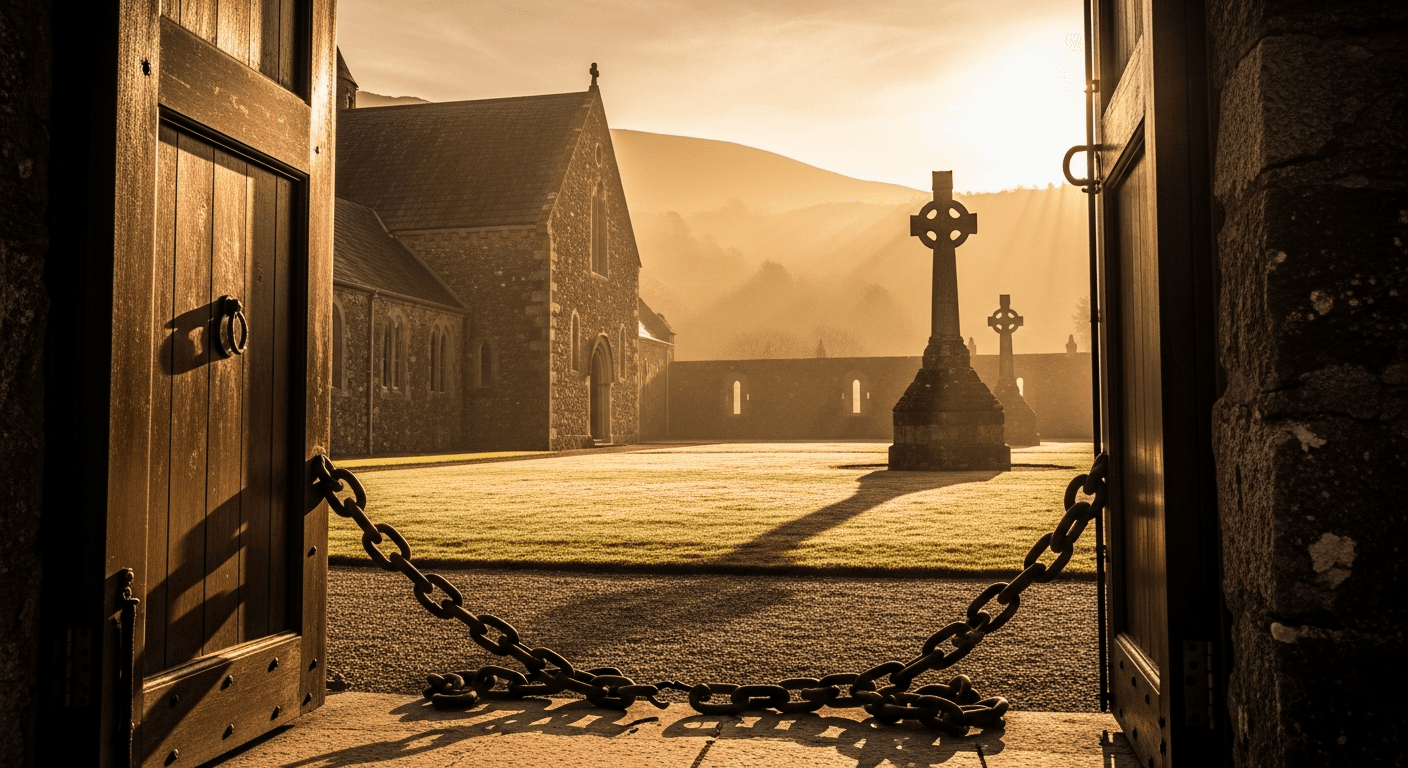 Ancient Irish landscape with broken chains symbolizing Saint Patrick testimony slavery and faith through suffering captivity leading to freedom