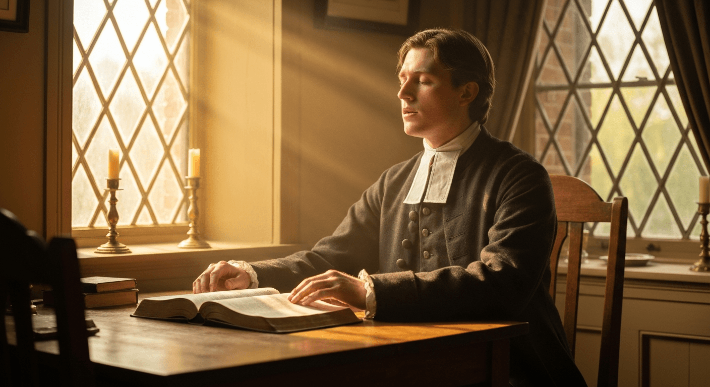 1720s portrait: Jonathan Edwards' Northampton spiritual awakening through scripture reading. Yale grad's divine transformation 1720s America.